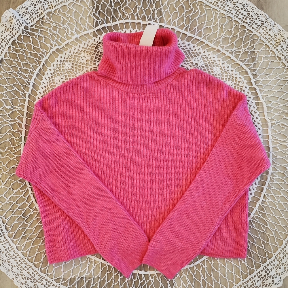SUN + MOON 🌙  Electric Pink Boxy Turtleneck Ribbed Sweater - Picture 4 of 7